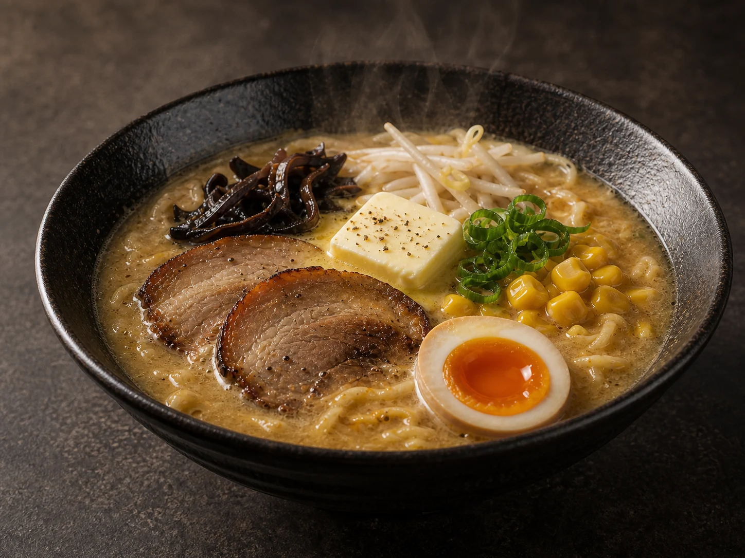 Butter miso ramen with chashu, corn and egg