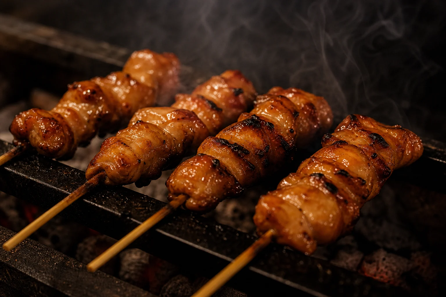 Glazed chicken skewers over a grill